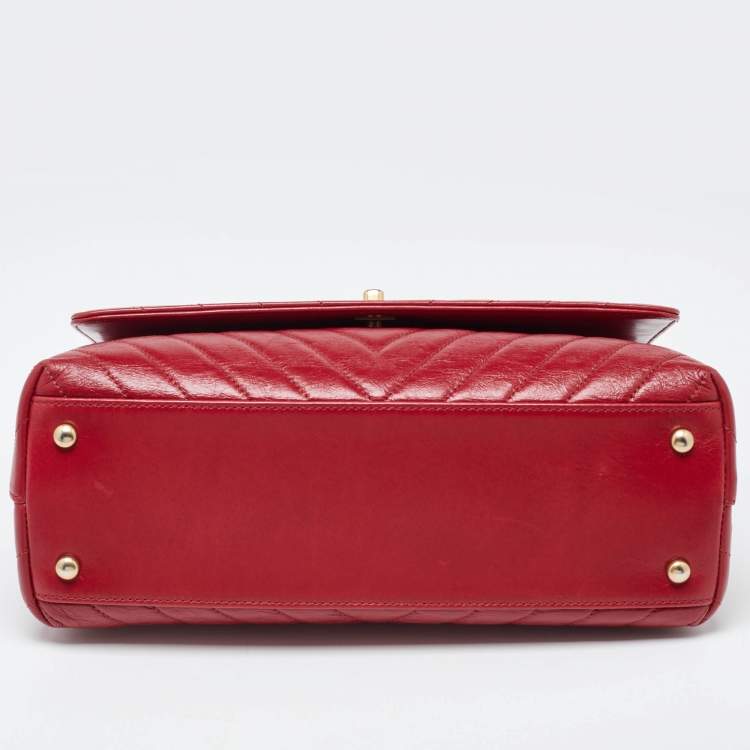Pre Owned Chanel Red Chevron Quilted Leather Small Coco Top Handle Bag