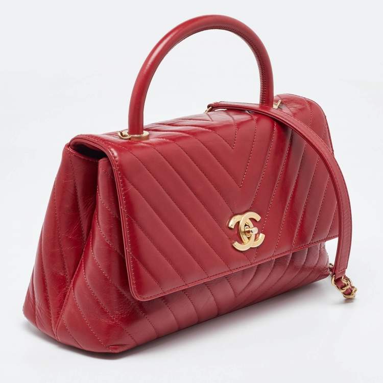 Pre Owned Chanel Red Chevron Quilted Leather Small Coco Top Handle Bag
