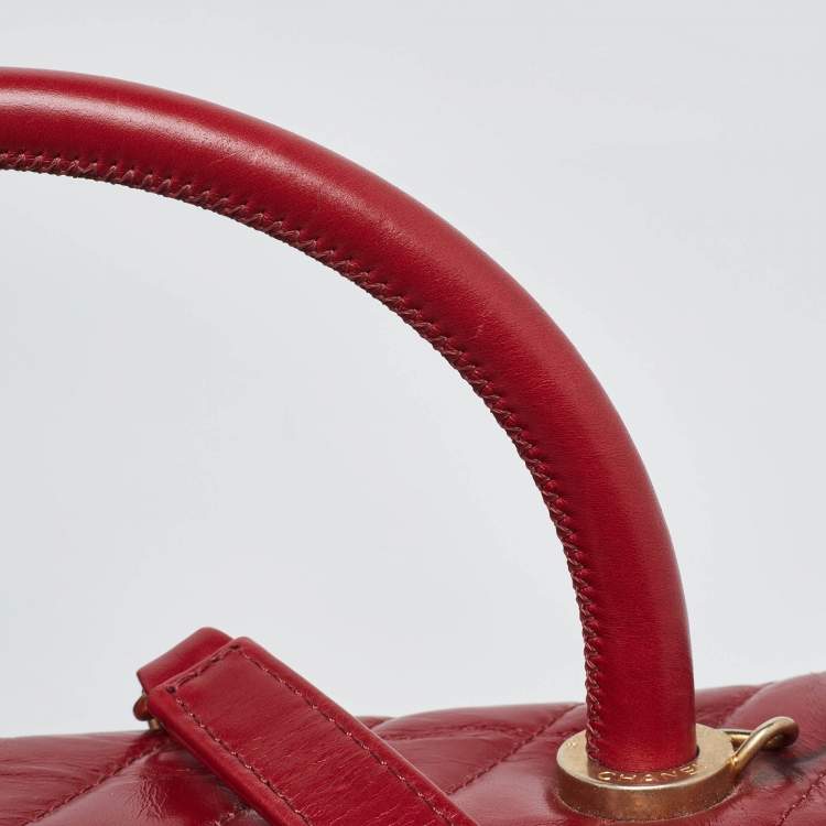 Pre Owned Chanel Red Chevron Quilted Leather Small Coco Top Handle Bag