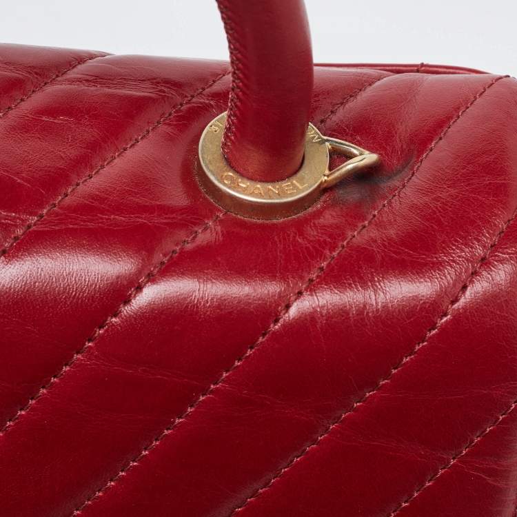 Pre Owned Chanel Red Chevron Quilted Leather Small Coco Top Handle Bag