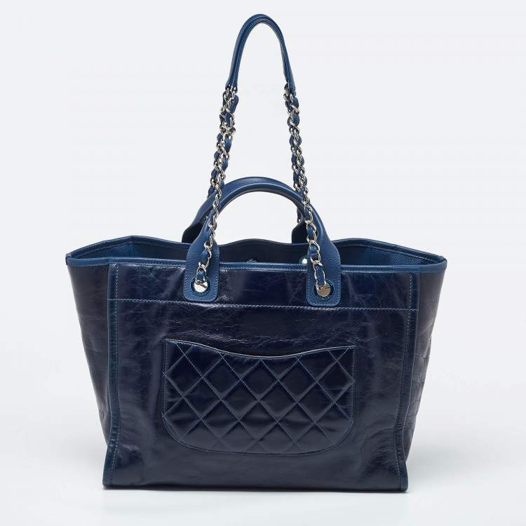 Pre Owned Chanel Navy Blue Leather Large Deauville Tote