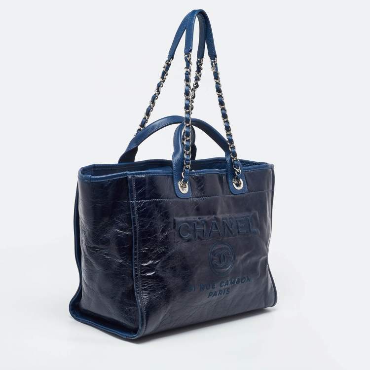 Pre Owned Chanel Navy Blue Leather Large Deauville Tote