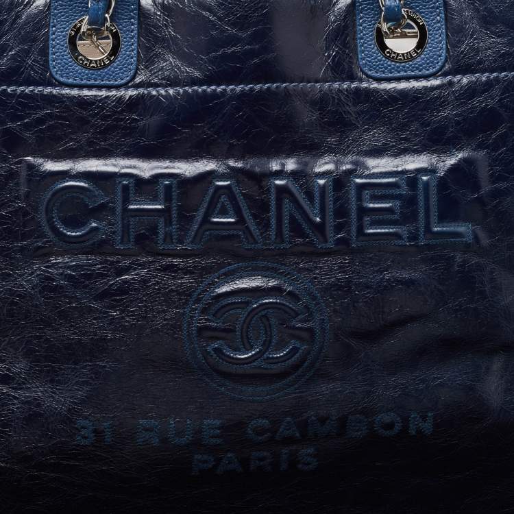 Pre Owned Chanel Navy Blue Leather Large Deauville Tote