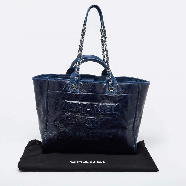 Pre Owned Chanel Navy Blue Leather Large Deauville Tote