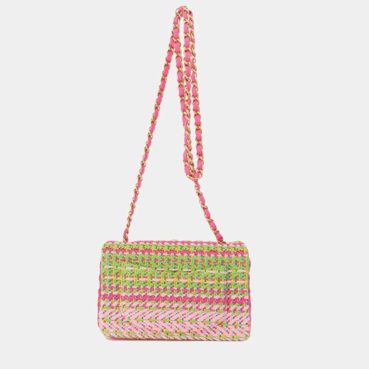 مملوكة مسبقًا Chanel Pink/Green Cotton Mixed Fibers Woven Mini Rectangular Flap Bag