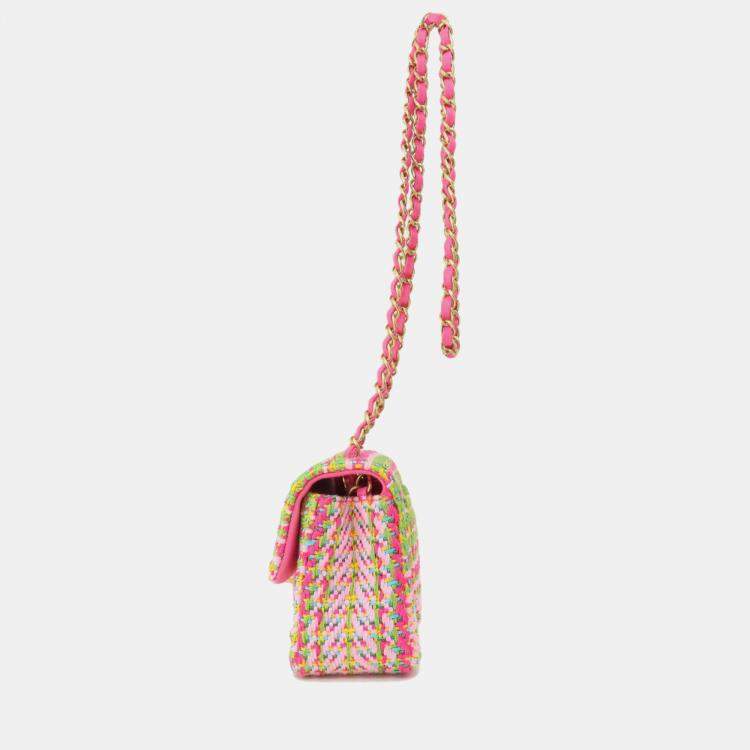 مملوكة مسبقًا Chanel Pink/Green Cotton Mixed Fibers Woven Mini Rectangular Flap Bag