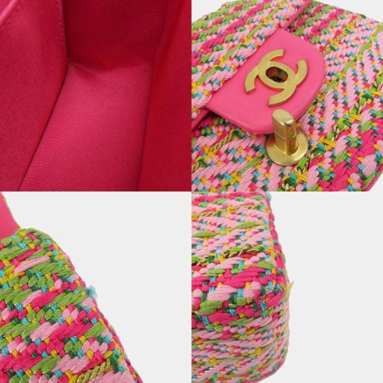 مملوكة مسبقًا Chanel Pink/Green Cotton Mixed Fibers Woven Mini Rectangular Flap Bag
