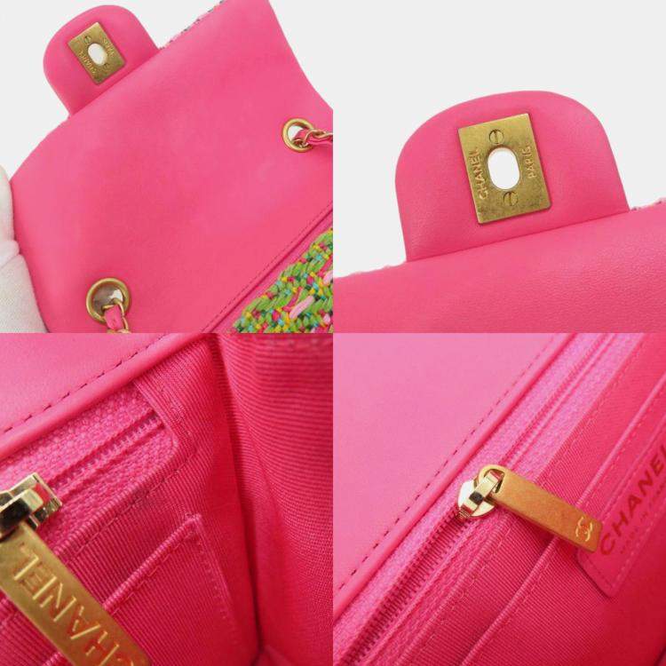 مملوكة مسبقًا Chanel Pink/Green Cotton Mixed Fibers Woven Mini Rectangular Flap Bag