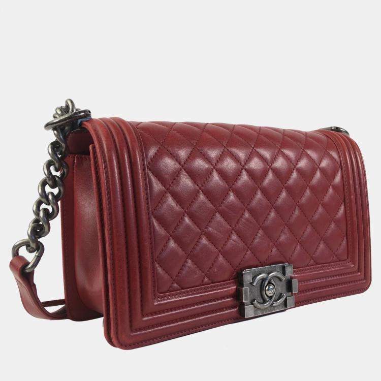 Pre Owned Chanel Red Lambskin Leather Medium Boy Bag