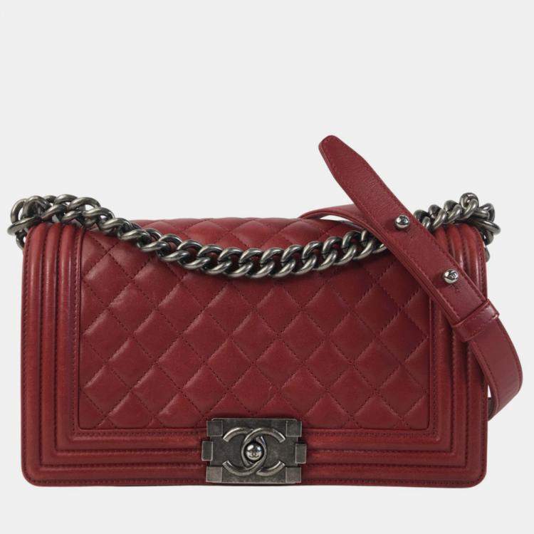 Pre Owned Chanel Red Lambskin Leather Medium Boy Bag