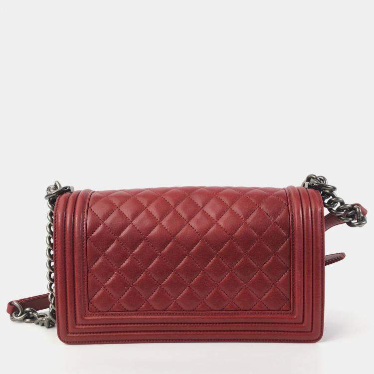 Pre Owned Chanel Red Lambskin Leather Medium Boy Bag