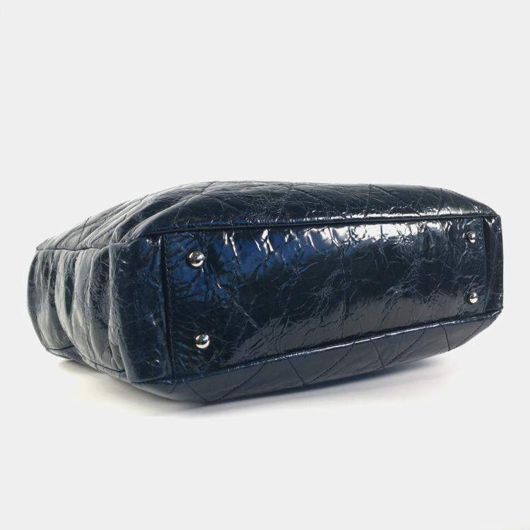 Pre Owned Chanel Blue Quilted Glazed Calfskin and Tweed Portobello Top Handle Bags