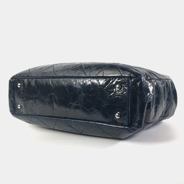 Pre Owned Chanel Blue Quilted Glazed Calfskin and Tweed Portobello Top Handle Bags