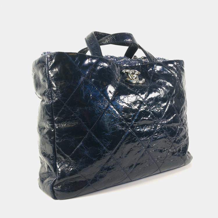 Pre Owned Chanel Blue Quilted Glazed Calfskin and Tweed Portobello Top Handle Bags
