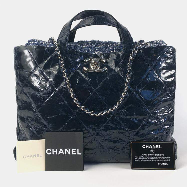 Pre Owned Chanel Blue Quilted Glazed Calfskin and Tweed Portobello Top Handle Bags