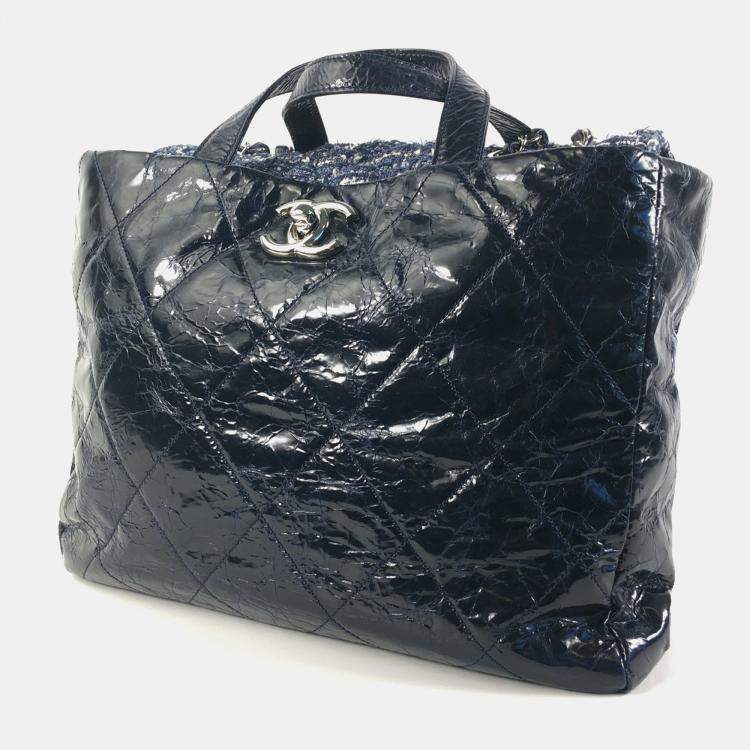 Pre Owned Chanel Blue Quilted Glazed Calfskin and Tweed Portobello Top Handle Bags