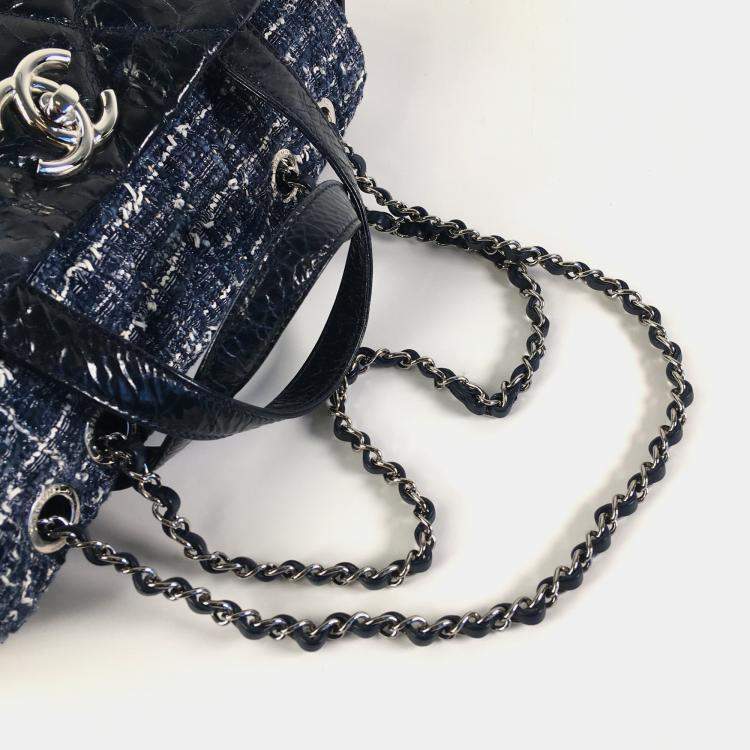 Pre Owned Chanel Blue Quilted Glazed Calfskin and Tweed Portobello Top Handle Bags