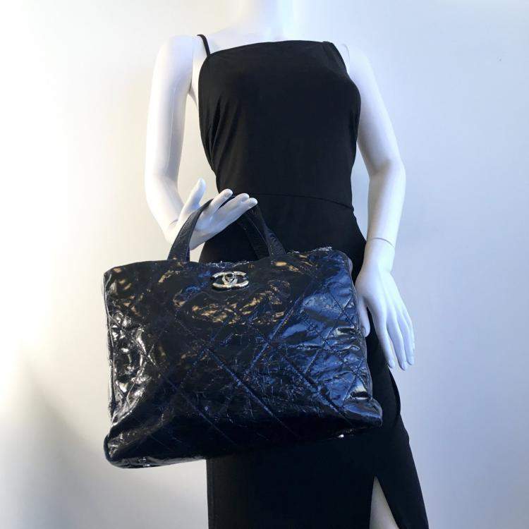 Pre Owned Chanel Blue Quilted Glazed Calfskin and Tweed Portobello Top Handle Bags