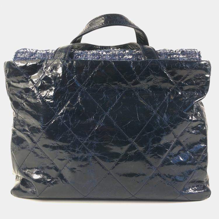 Pre Owned Chanel Blue Quilted Glazed Calfskin and Tweed Portobello Top Handle Bags