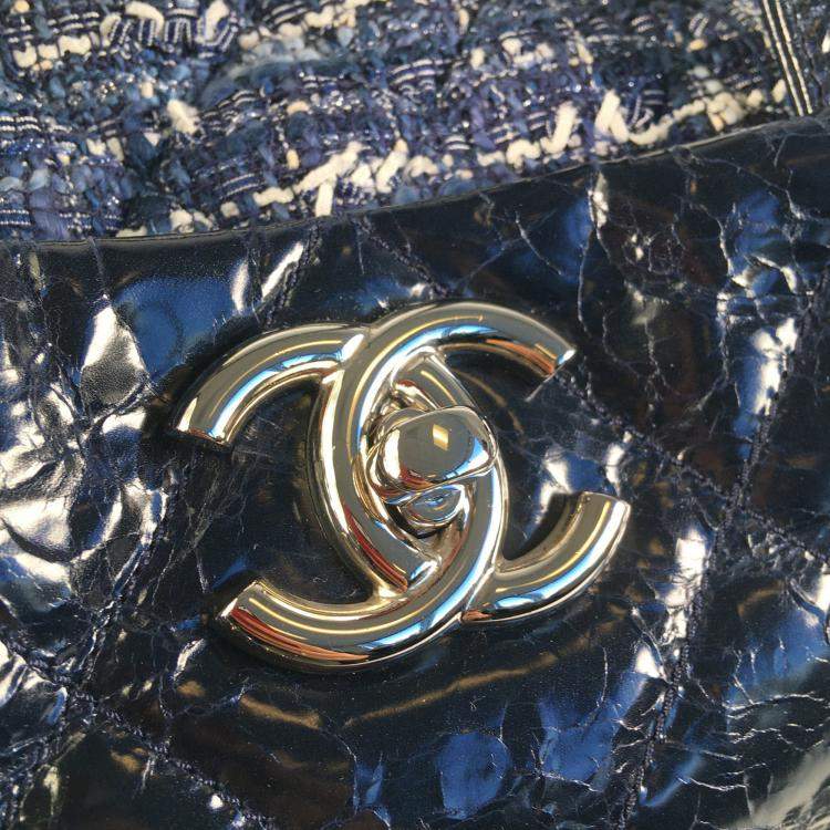 Pre Owned Chanel Blue Quilted Glazed Calfskin and Tweed Portobello Top Handle Bags