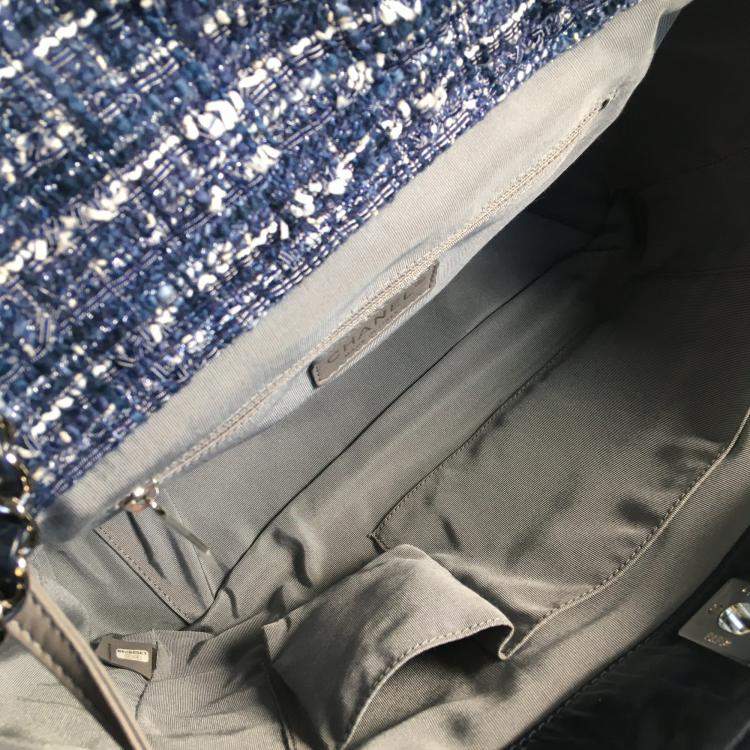 Pre Owned Chanel Blue Quilted Glazed Calfskin and Tweed Portobello Top Handle Bags