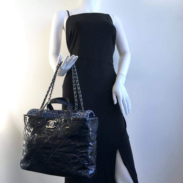 Pre Owned Chanel Blue Quilted Glazed Calfskin and Tweed Portobello Top Handle Bags