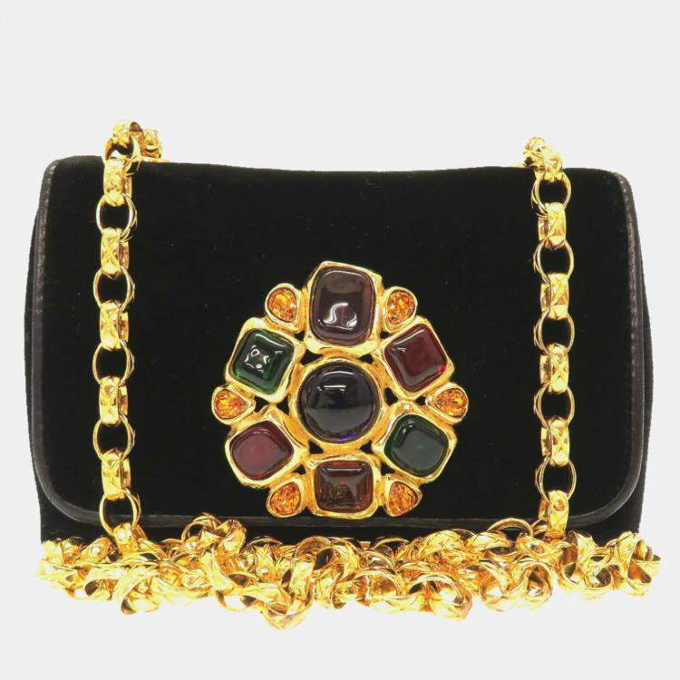 Pre Owned Chanel Black Suede Multicolor Stone Gold Chain Shoulder Bag 