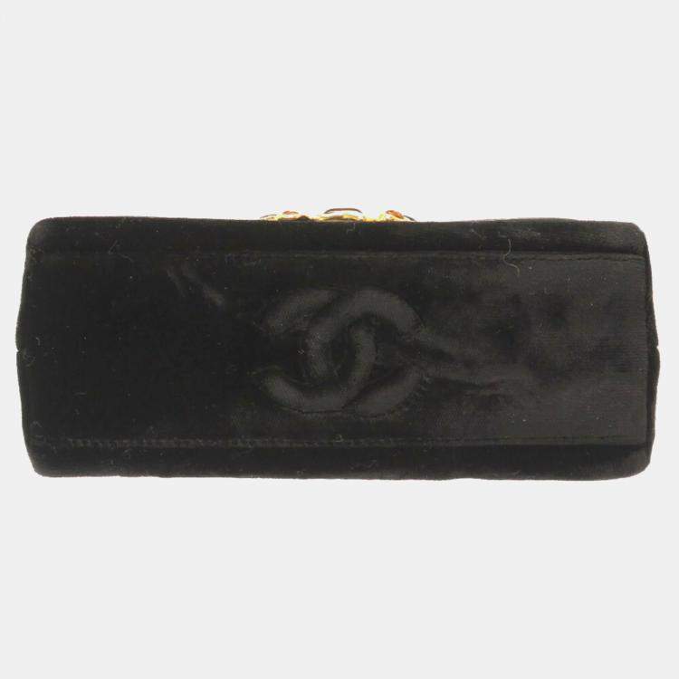 Pre Owned Chanel Black Suede Multicolor Stone Gold Chain Shoulder Bag 