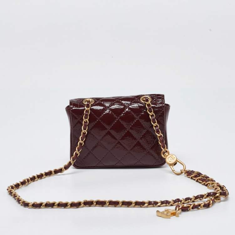 Pre Owned Chanel Red Quilted Patent Leather CC Mini Chain Belt Bag