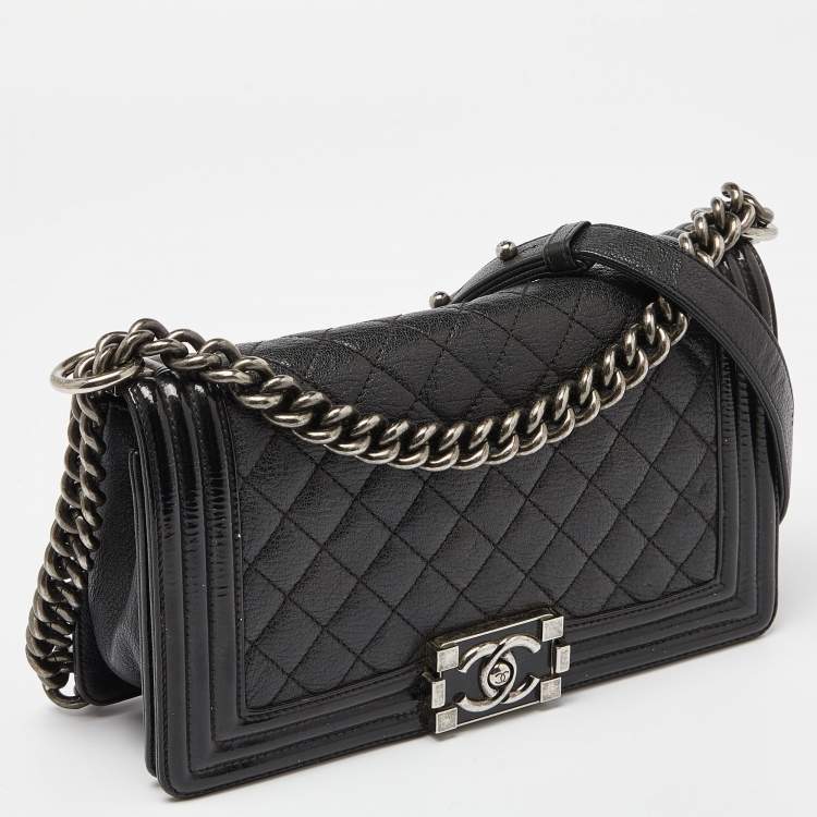 Pre Owned Chanel Black Quilted Patent and Leather Medium Boy Flap Bag