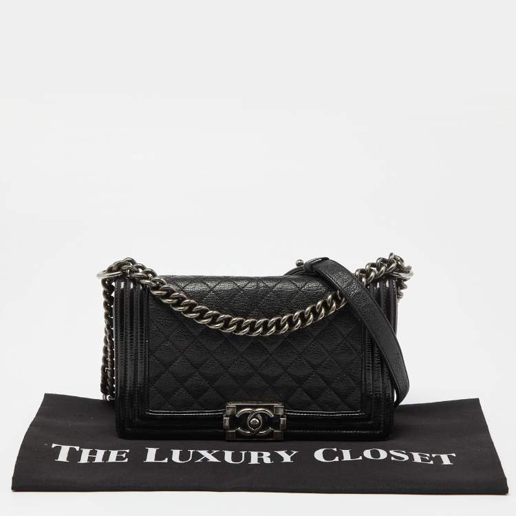 Pre Owned Chanel Black Quilted Patent and Leather Medium Boy Flap Bag