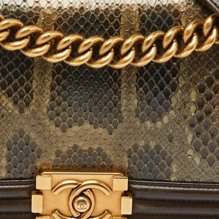 Pre Owned Chanel Olive Green Python and Leather Medium Boy Flap Bag