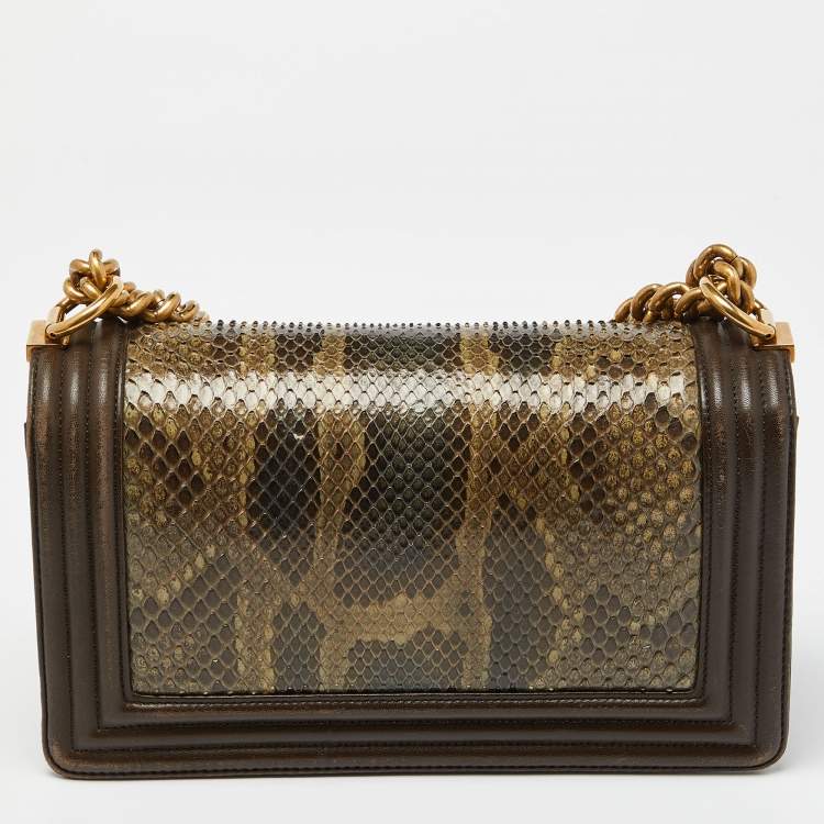 Pre Owned Chanel Olive Green Python and Leather Medium Boy Flap Bag
