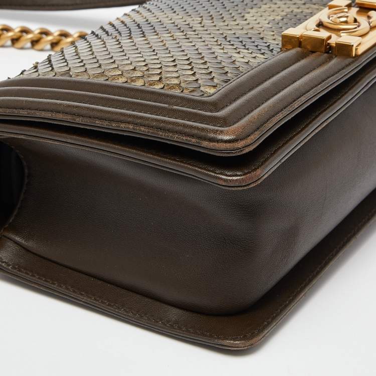 Pre Owned Chanel Olive Green Python and Leather Medium Boy Flap Bag