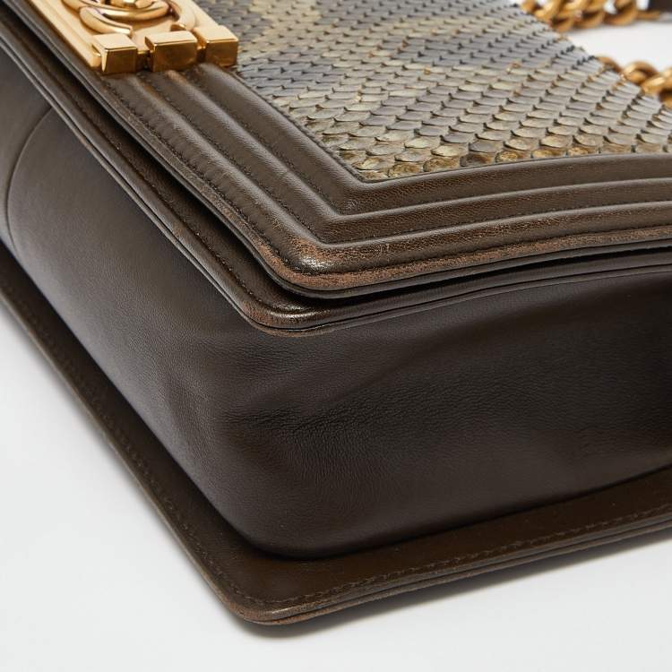 Pre Owned Chanel Olive Green Python and Leather Medium Boy Flap Bag