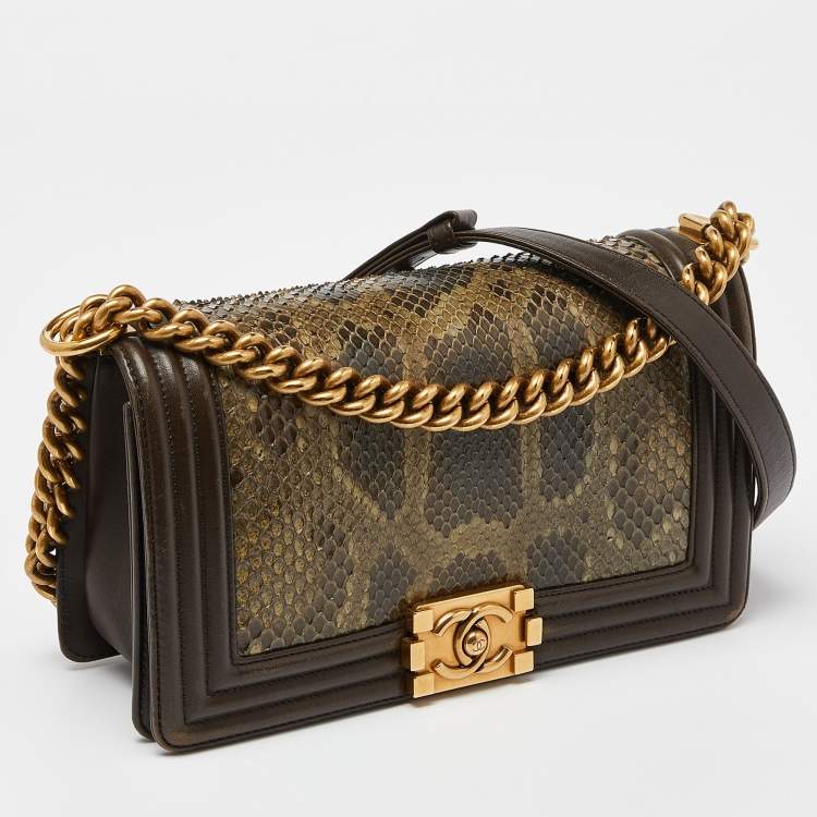 Pre Owned Chanel Olive Green Python and Leather Medium Boy Flap Bag
