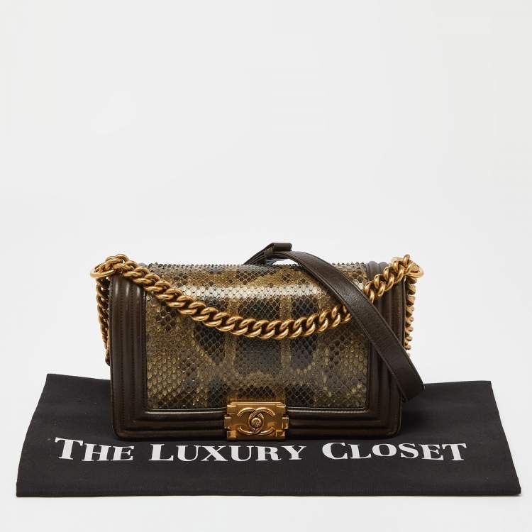 Pre Owned Chanel Olive Green Python and Leather Medium Boy Flap Bag