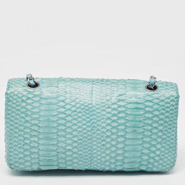 Pre Owned Chanel Light Blue Python Medium Classic Single Flap Bag