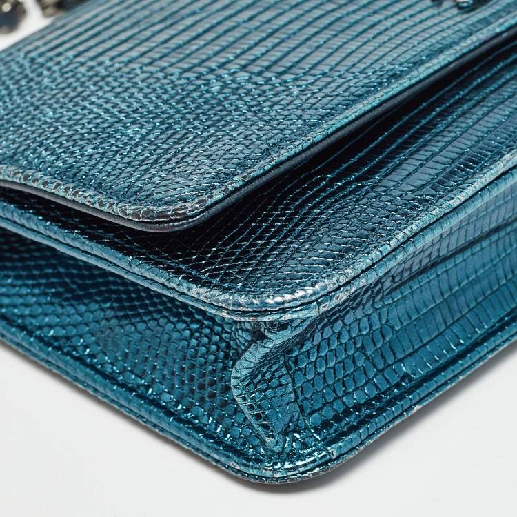 Pre Owned Chanel Metallic Teal Lizard CC Classic Wallet on Chain  