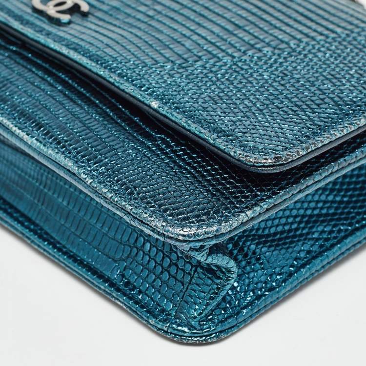 Pre Owned Chanel Metallic Teal Lizard CC Classic Wallet on Chain  
