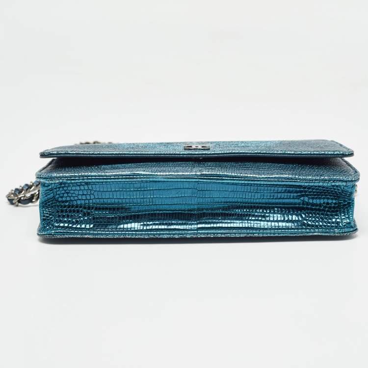 Pre Owned Chanel Metallic Teal Lizard CC Classic Wallet on Chain  