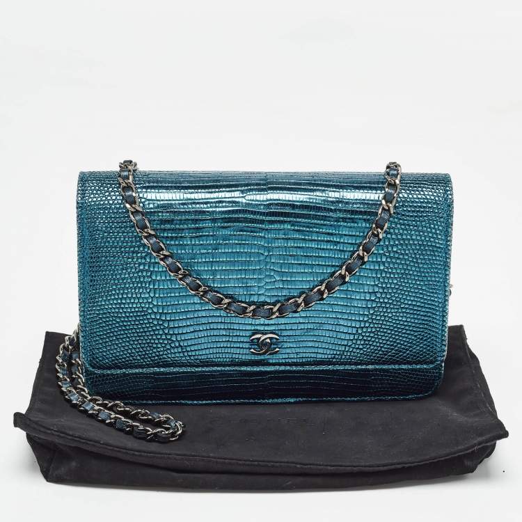 Pre Owned Chanel Metallic Teal Lizard CC Classic Wallet on Chain  