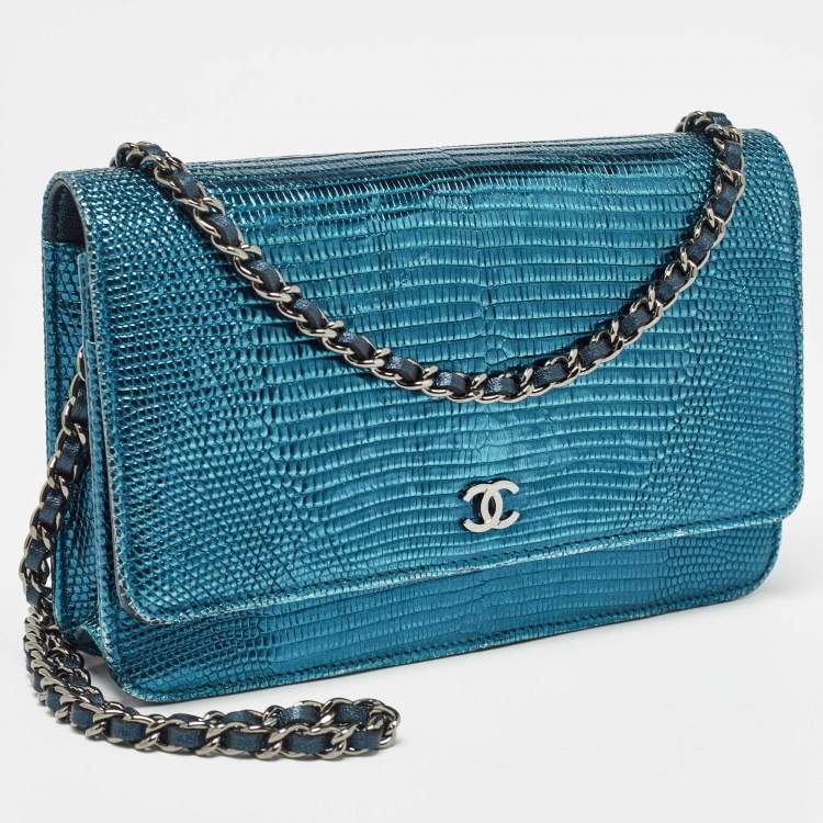 Pre Owned Chanel Metallic Teal Lizard CC Classic Wallet on Chain  