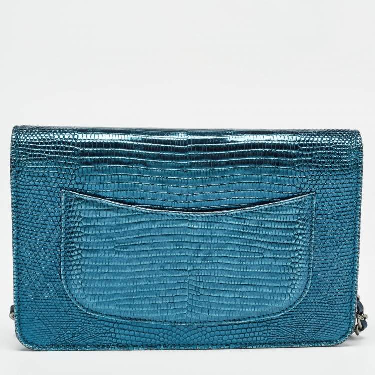 Pre Owned Chanel Metallic Teal Lizard CC Classic Wallet on Chain  