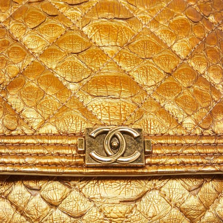 Pre Owned Chanel Gold Quilted Python Boy Wallet on Chain