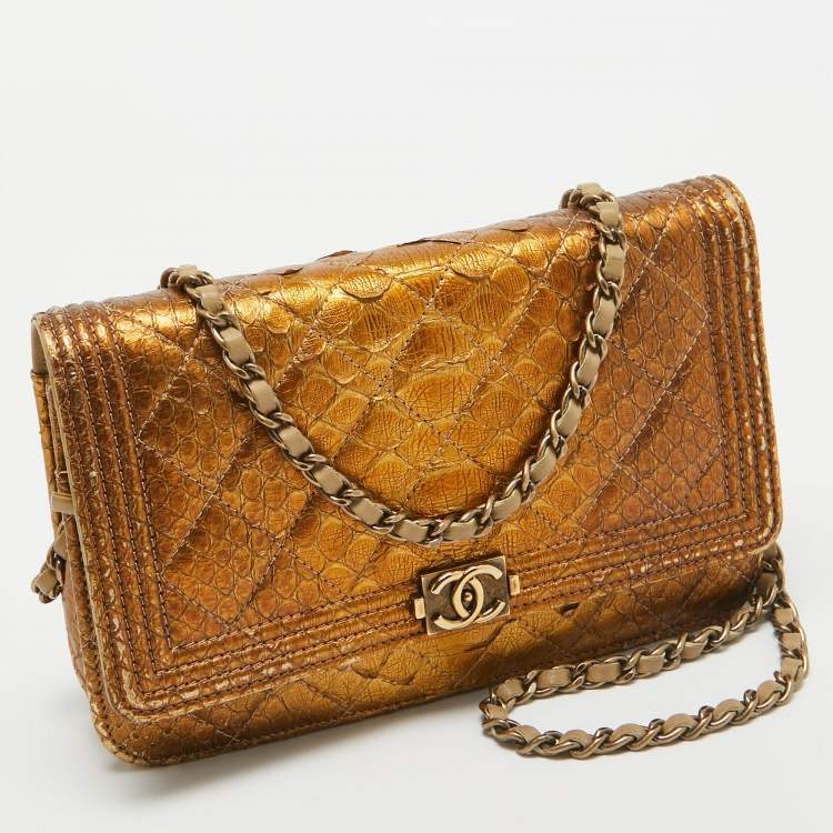 Pre Owned Chanel Gold Quilted Python Boy Wallet on Chain