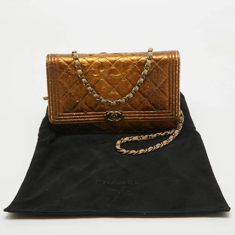 Pre Owned Chanel Gold Quilted Python Boy Wallet on Chain