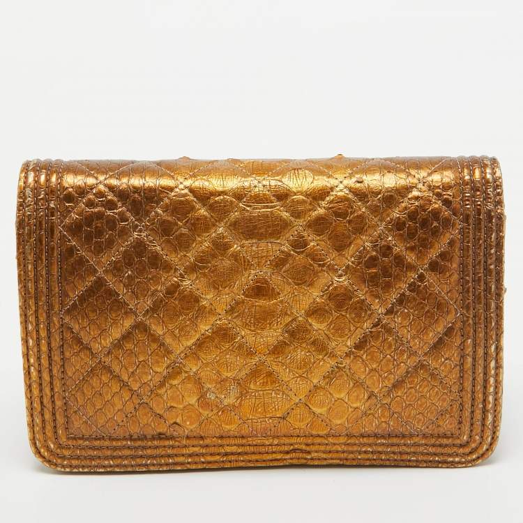 Pre Owned Chanel Gold Quilted Python Boy Wallet on Chain