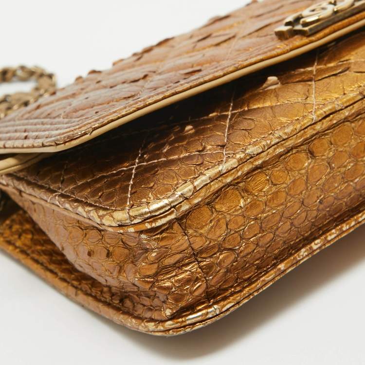 Pre Owned Chanel Gold Quilted Python Boy Wallet on Chain