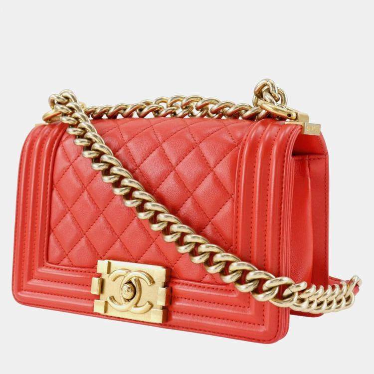Pre Owned Chanel Red Leather Small Boy Shoulder Bag